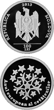 Image of 100 leu coin - European Year of Citizens | Moldova 2013.  The Silver coin is of Proof quality.