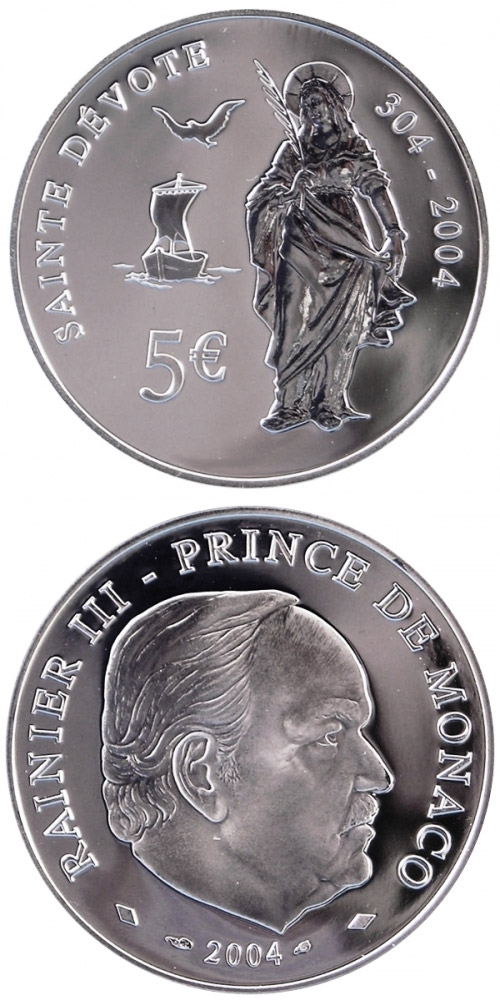 Image of 5 euro coin - Sainte Dévote  | Monaco 2004.  The Silver coin is of Proof quality.