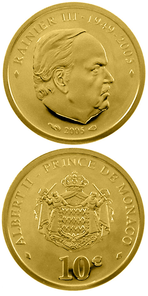 Image of 10 euro coin - Death of Prince Rainier III.  | Monaco 2005.  The Gold coin is of Proof quality.