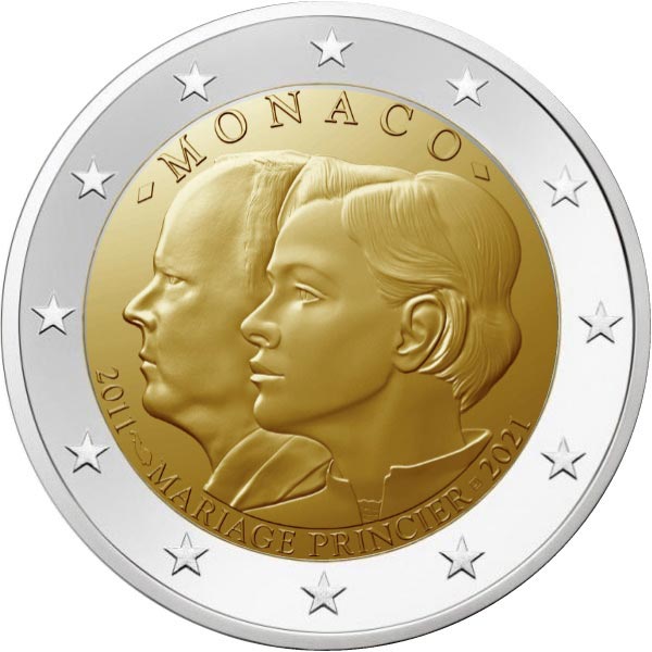 Image of 2 euro coin - 10th anniversary of the wedding of Prince Albert and Charlene Wittstock  | Monaco 2021