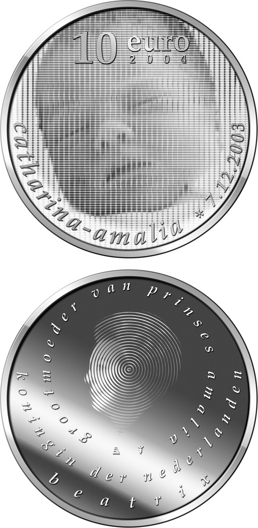 Image of 10 euro coin - Birth of Princess Catharina Amalia  | Netherlands 2003.  The Silver coin is of Proof, UNC quality.
