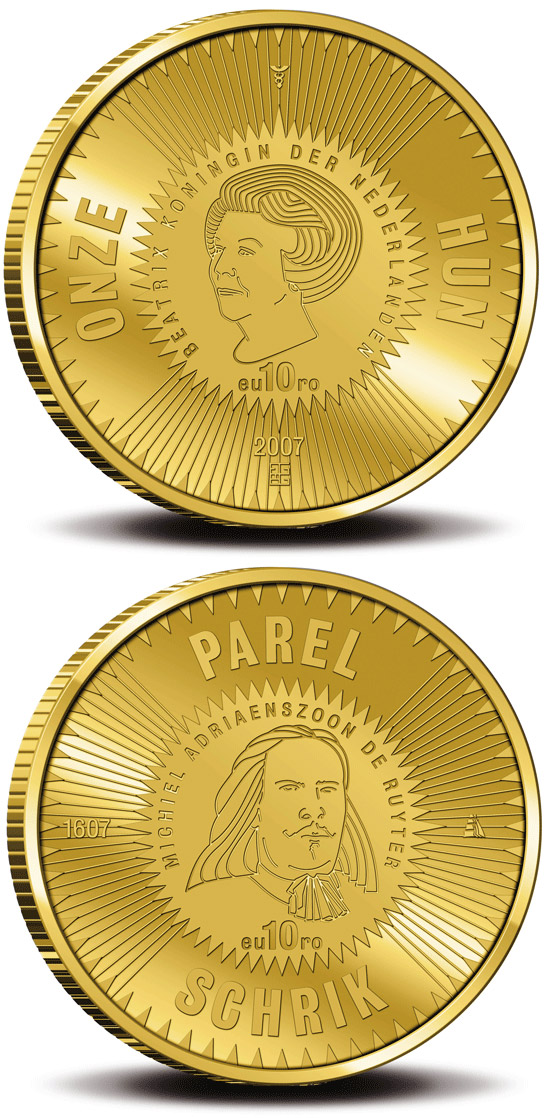 Image of 10 euro coin - 400th birthday of Michiel Adriaenszoon de Ruyter  | Netherlands 2007.  The Gold coin is of Proof quality.