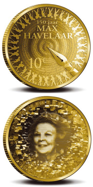Image of 10 euro coin - Max Havelaar | Netherlands 2010.  The Gold coin is of Proof quality.