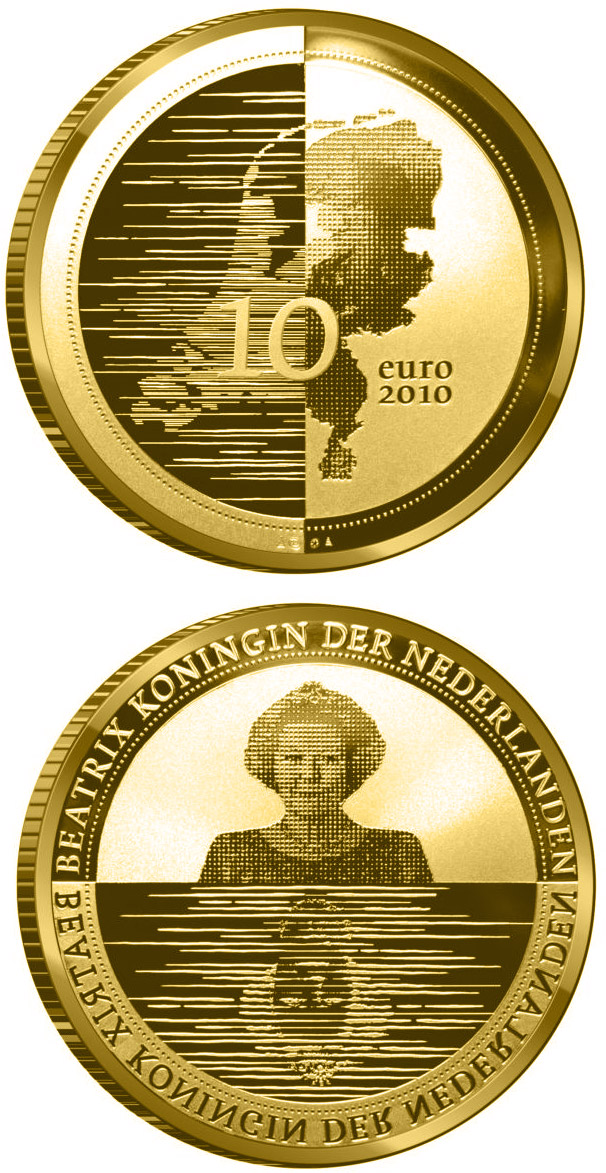 Image of 10 euro coin - Nederland Waterland | Netherlands 2010.  The Gold coin is of Proof quality.
