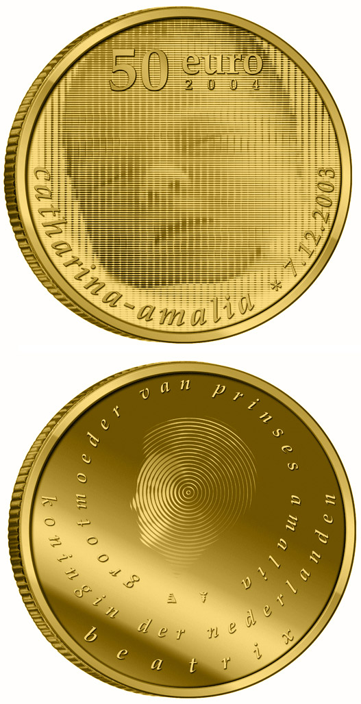 Image of 50 euro coin - Birth of Princess Catharina Amalia  | Netherlands 2004.  The Gold coin is of Proof quality.