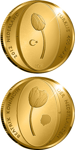 Image of 10 euro coin - 400 years of the diplomatic relations between the Netherlands and the Turkey | Netherlands 2012.  The Gold coin is of Proof quality.