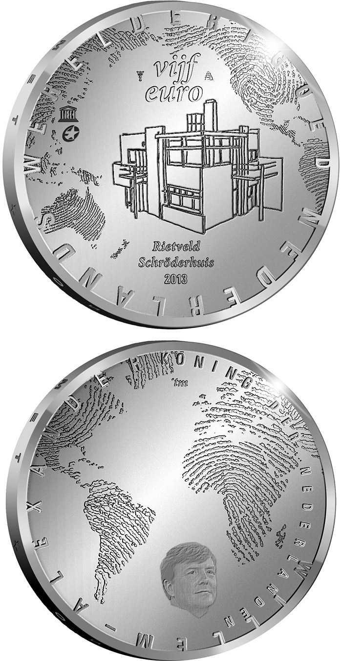 Image of 5 euro coin - The Rietveld Five Euro | Netherlands 2013.  The Silver coin is of Proof, UNC quality.