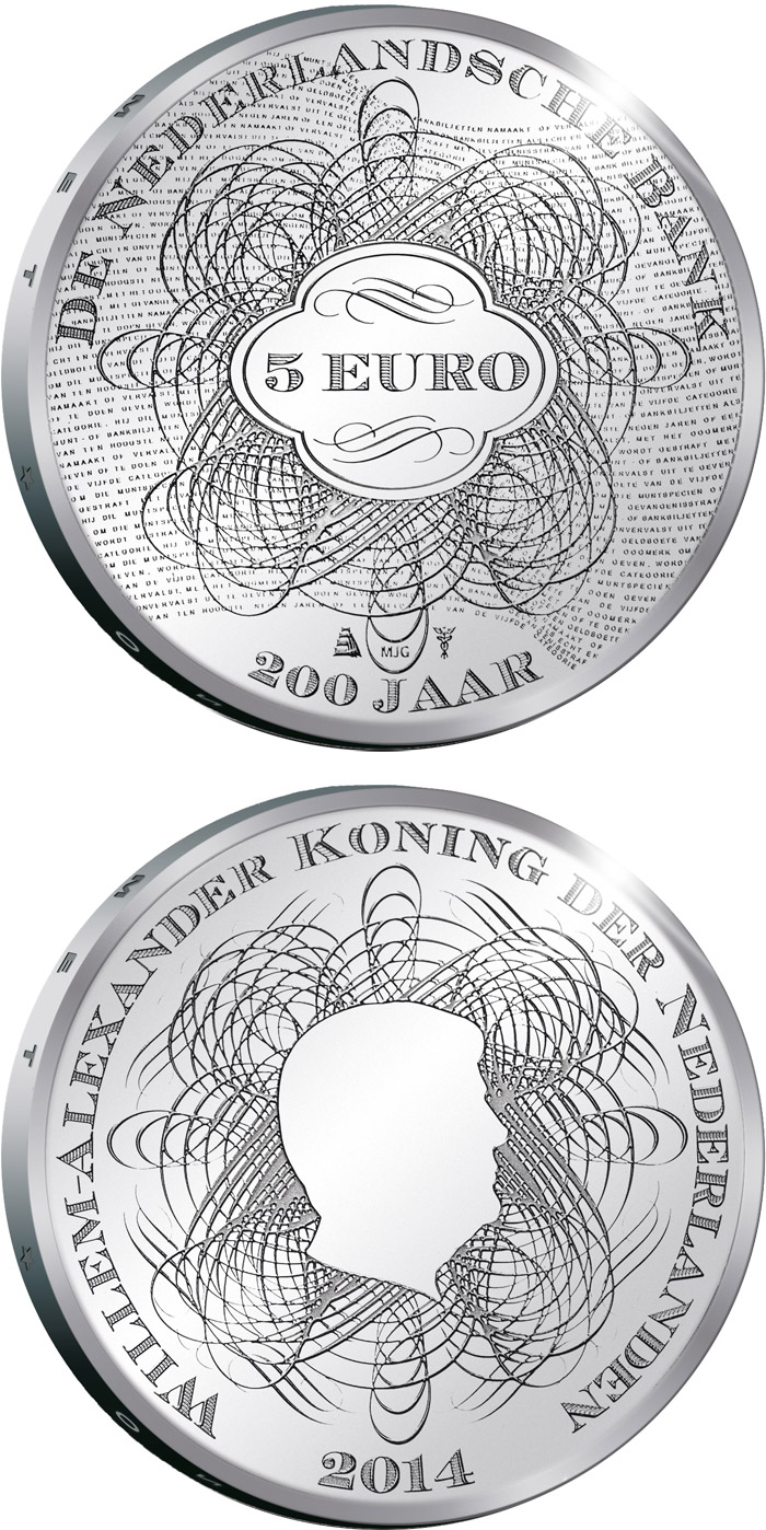 Image of 5 euro coin - De Nederlandsche Bank | Netherlands 2014.  The Silver coin is of Proof, UNC quality.