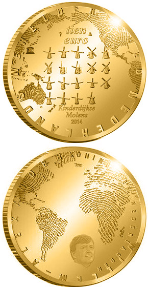 Image of 10 euro coin - The Mill  | Netherlands 2014.  The Gold coin is of Proof quality.