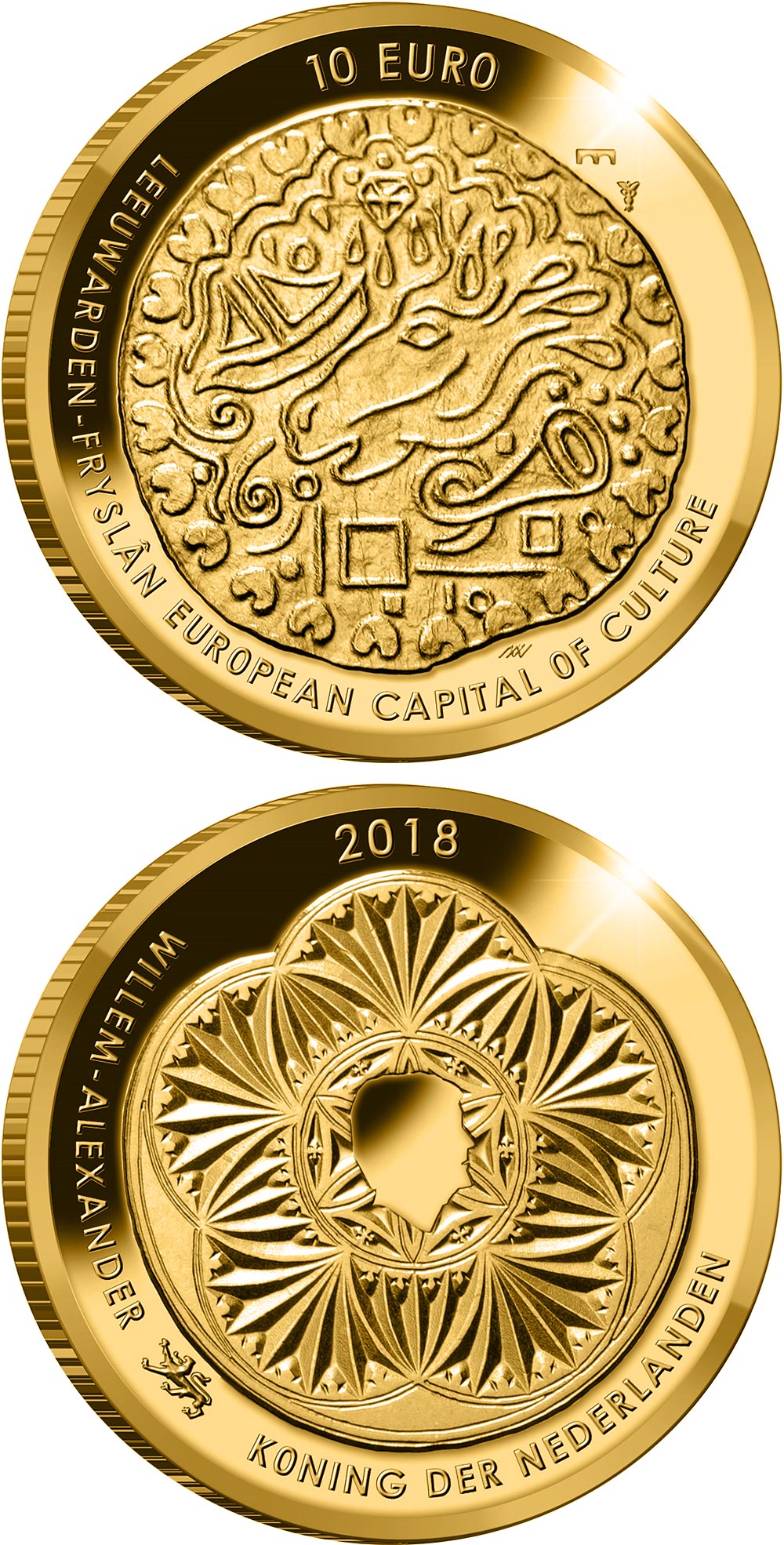 Image of 10 euro coin - Leeuwarden | Netherlands 2018.  The Gold coin is of Proof quality.