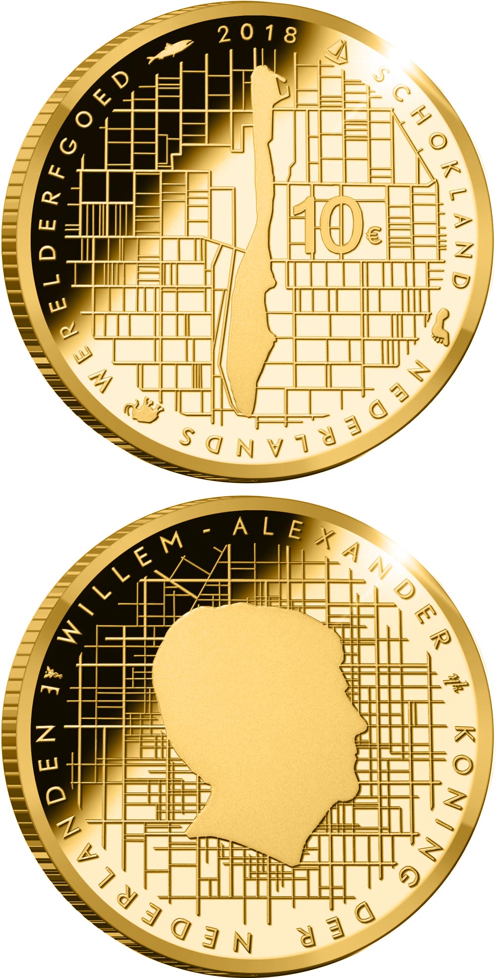 Image of 10 euro coin - Schokland | Netherlands 2018.  The Gold coin is of Proof quality.