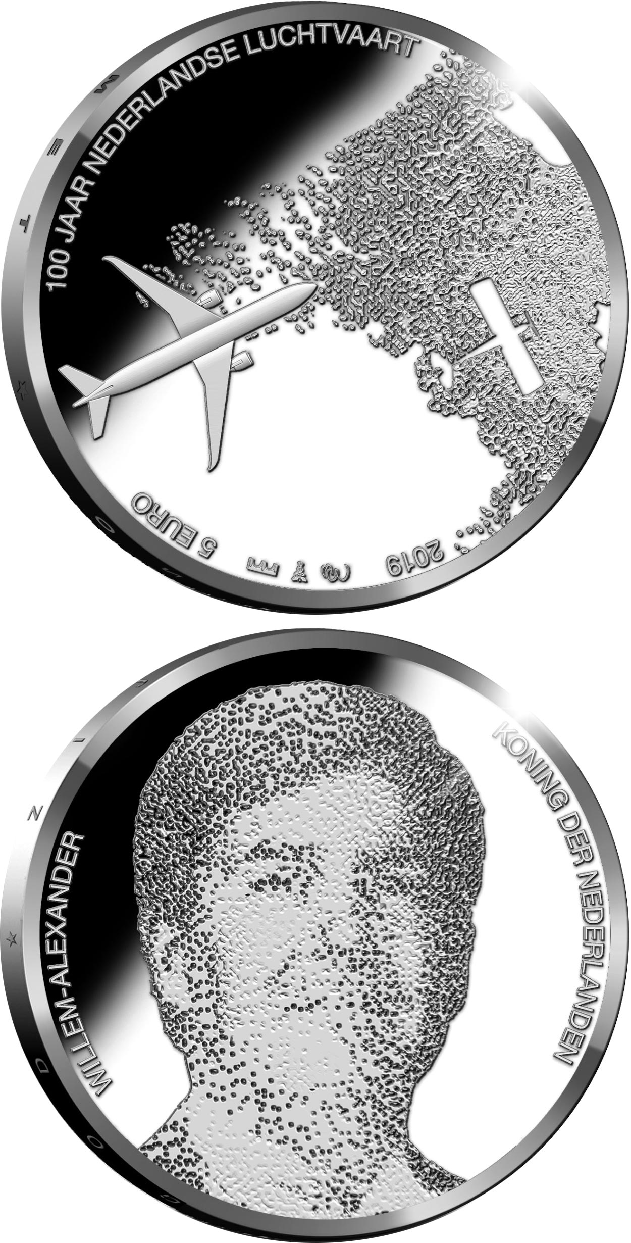 Image of 5 euro coin - 100 years of aviation in the Netherlands | Netherlands 2019.  The Silver coin is of Proof, UNC quality.