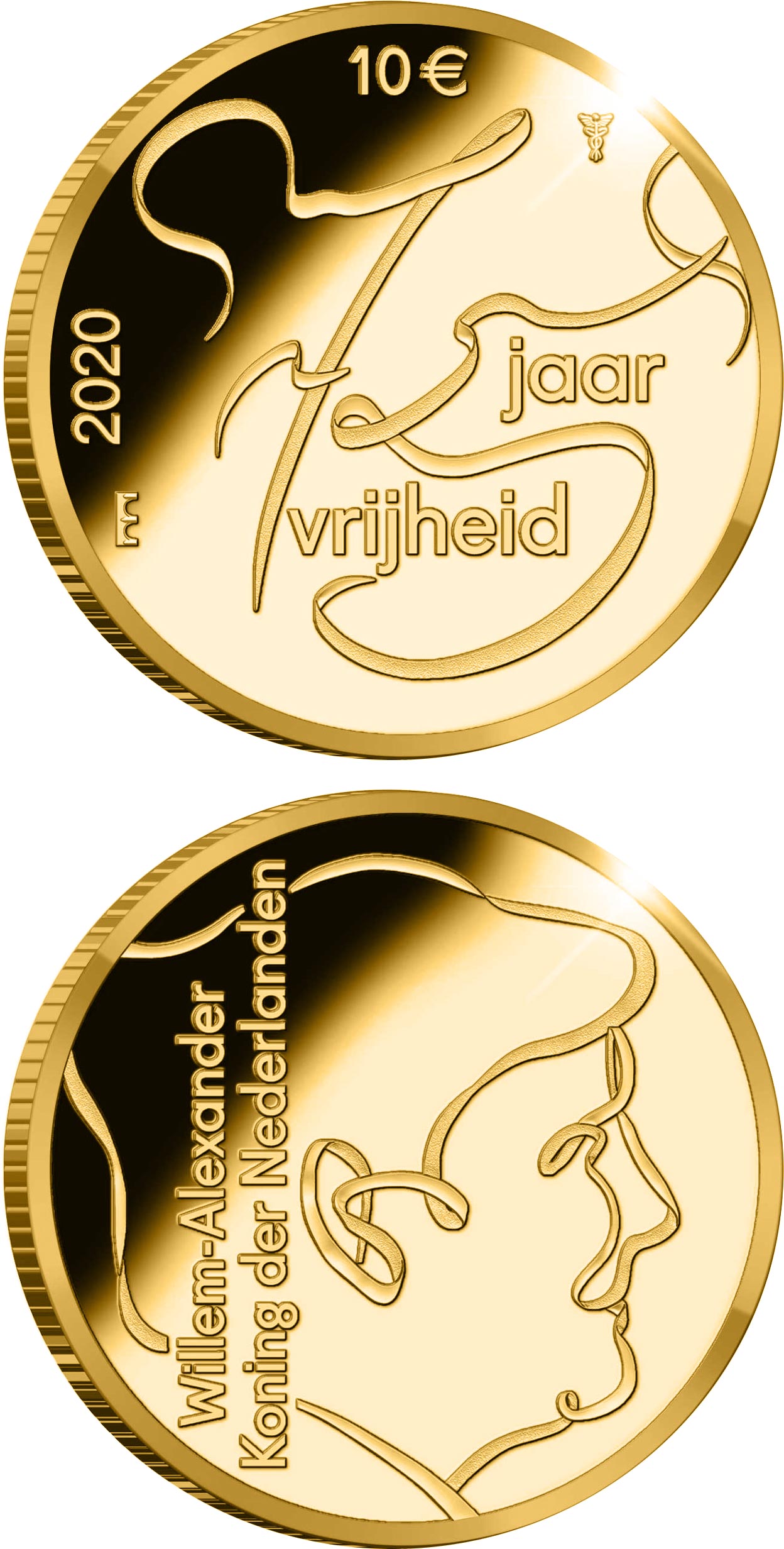 Image of 10 euro coin - 75 Years of Freedom | Netherlands 2020.  The Gold coin is of Proof quality.