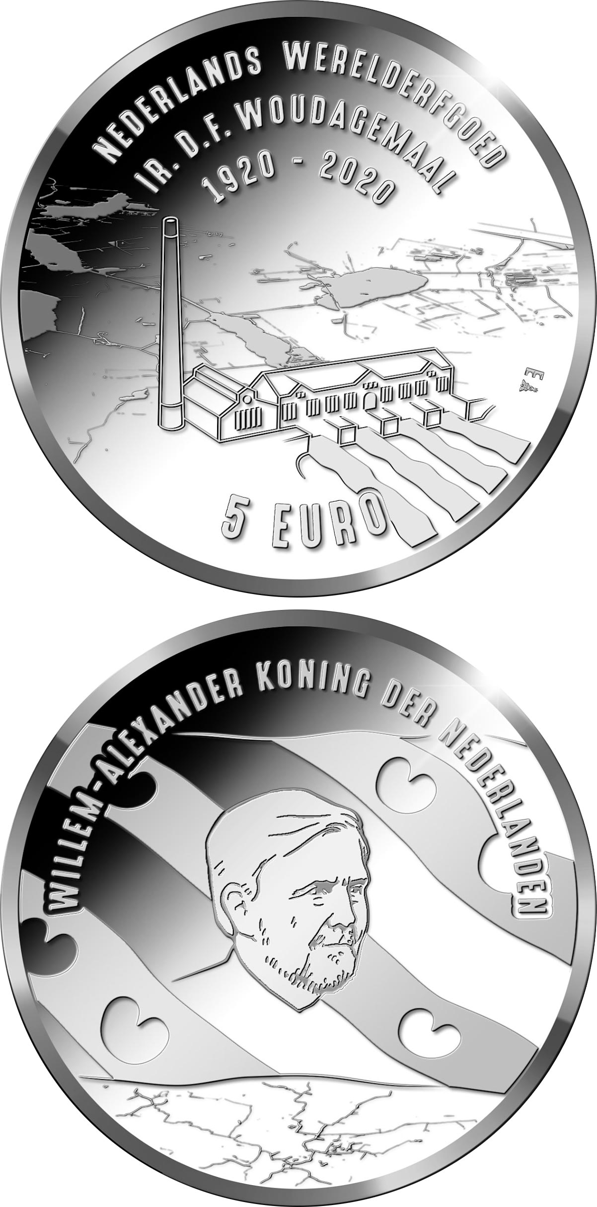 Image of 5 euro coin - 100th anniversary of the Ir. D.F. Woudagemaal | Netherlands 2020.  The Silver coin is of Proof, UNC quality.