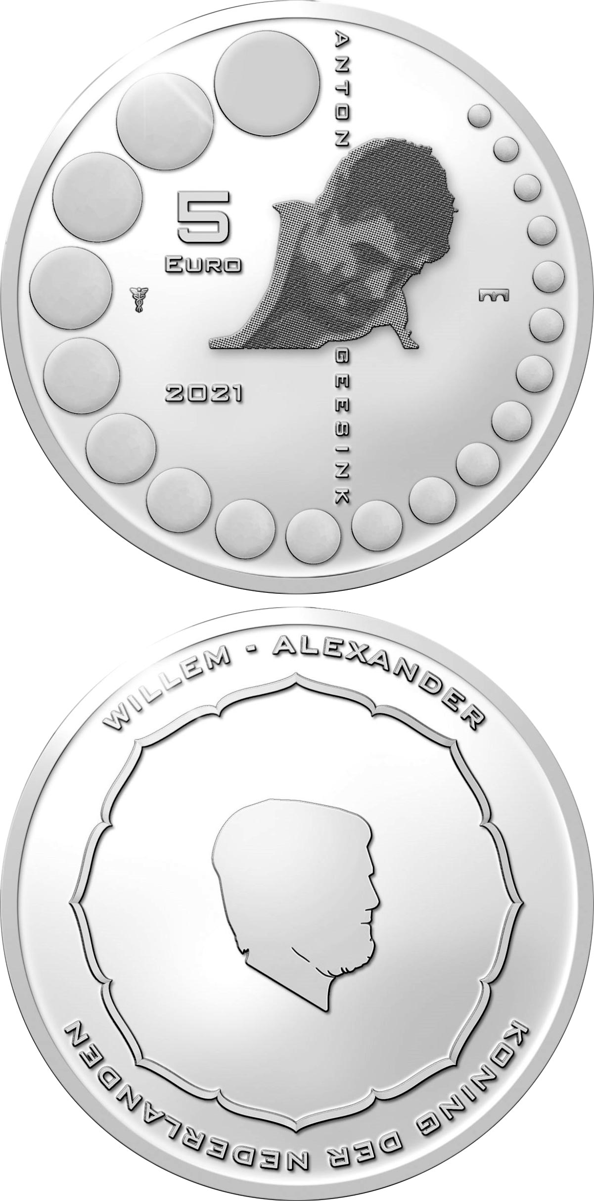 Image of 5 euro coin - Anton Geesink | Netherlands 2021.  The Silver coin is of Proof, UNC quality.
