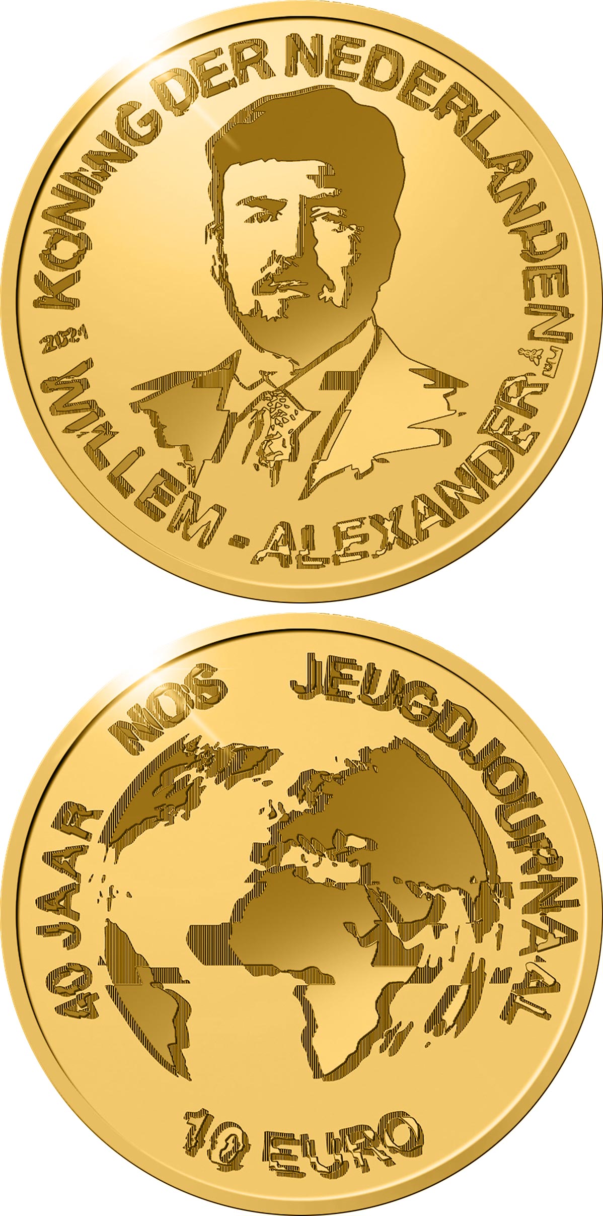 Image of 10 euro coin - 40th anniversary of the NOS Jeugdjournaal  | Netherlands 2021.  The Gold coin is of Proof quality.