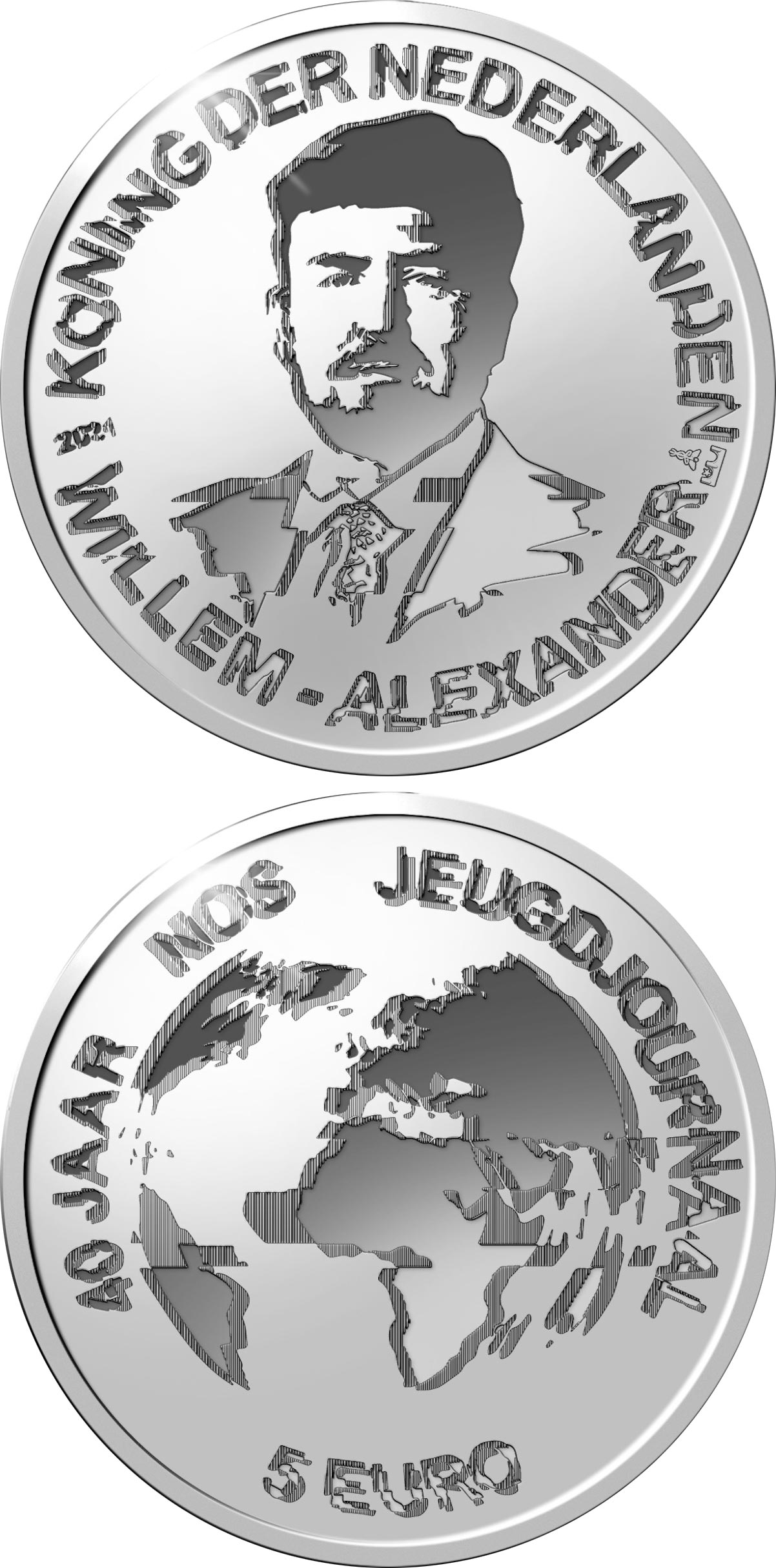 Image of 5 euro coin - 40th anniversary of the NOS Jeugdjournaal  | Netherlands 2021.  The Silver coin is of Proof, UNC quality.