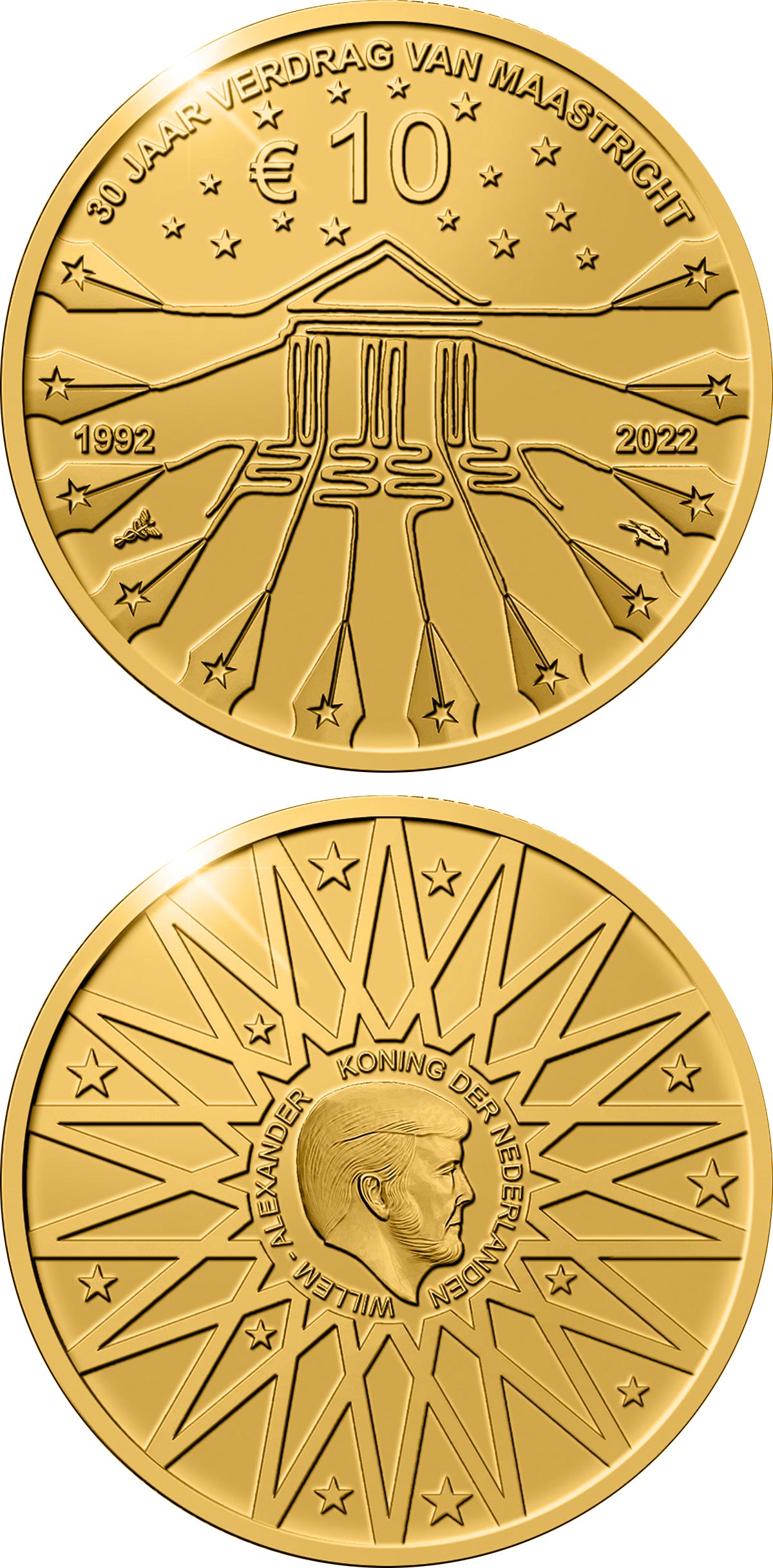 Image of 10 euro coin - 30th anniversary of the Maastricht Treaty | Netherlands 2022.  The Gold coin is of Proof quality.