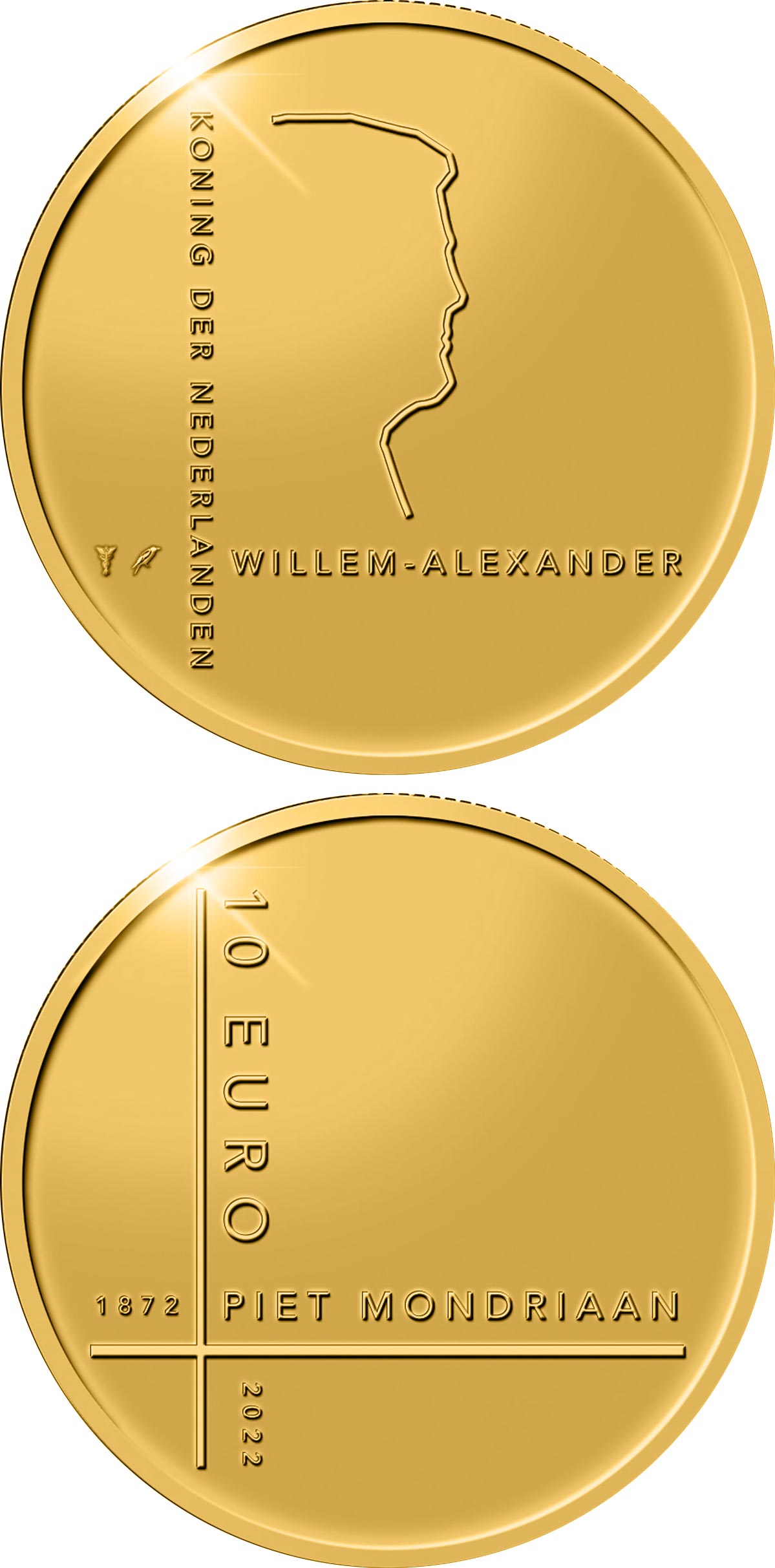 Image of 10 euro coin - Piet Mondriaan | Netherlands 2022.  The Gold coin is of Proof quality.