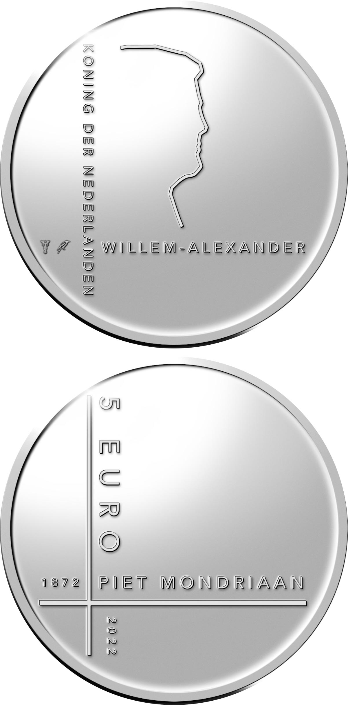 Image of 5 euro coin - Piet Mondriaan | Netherlands 2022.  The Silver coin is of Proof, UNC quality.