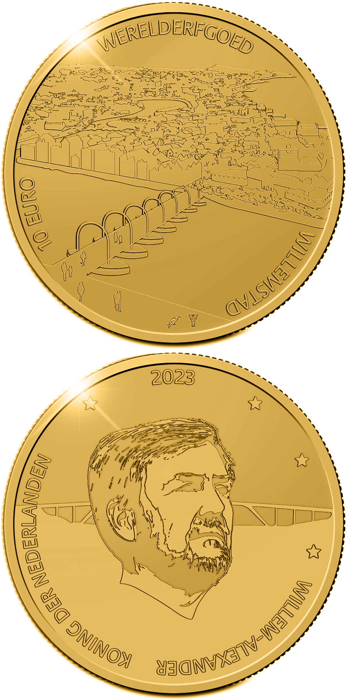 Image of 10 euro coin - Willemstad  | Netherlands 2023.  The Gold coin is of Proof quality.