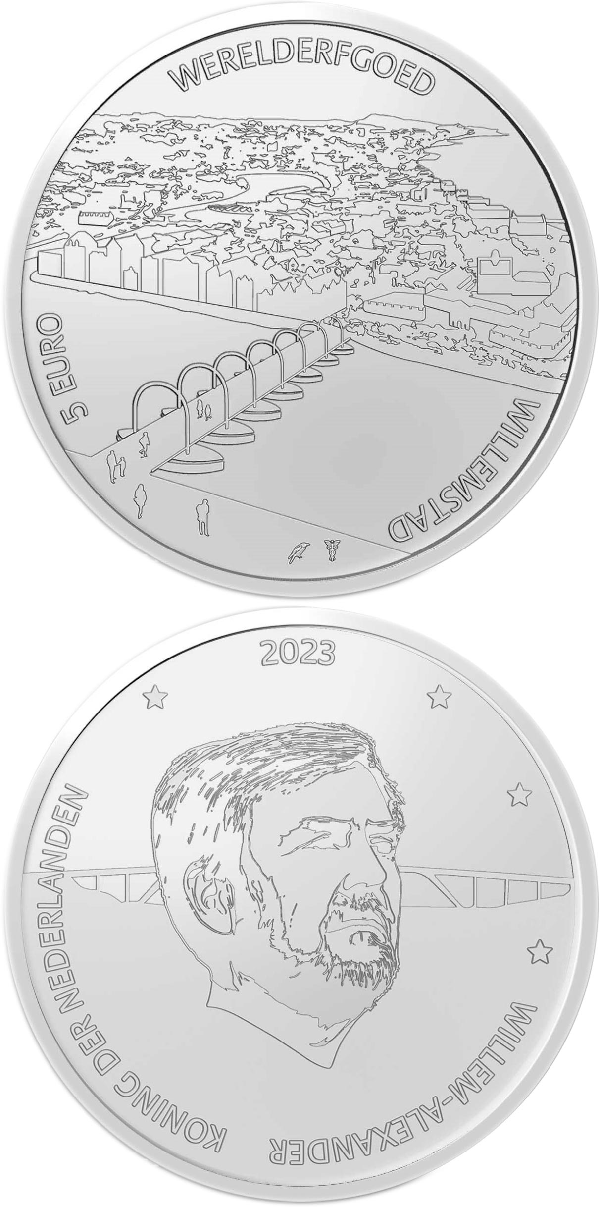 Image of 5 euro coin - Willemstad  | Netherlands 2023.  The Silver coin is of Proof, UNC quality.