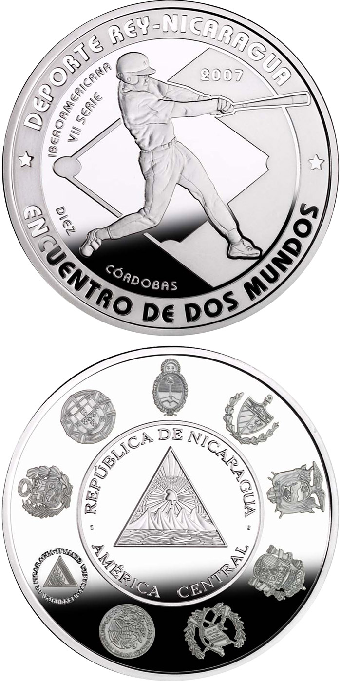 Image of 10 córdobas coin - The Olympic Games – Baseball | Nicaragua 2007.  The Silver coin is of Proof quality.