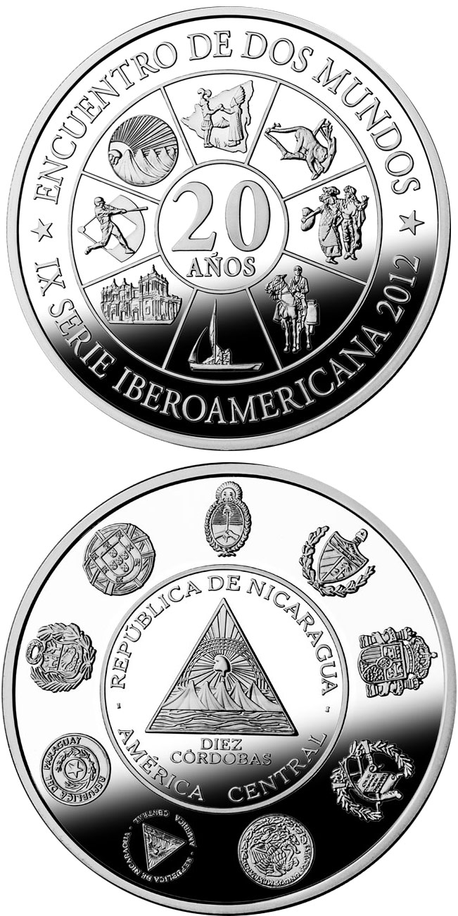 Image of 10 córdobas coin - 20th Anniversary of the Ibero-American Series | Nicaragua 2012.  The Silver coin is of Proof quality.