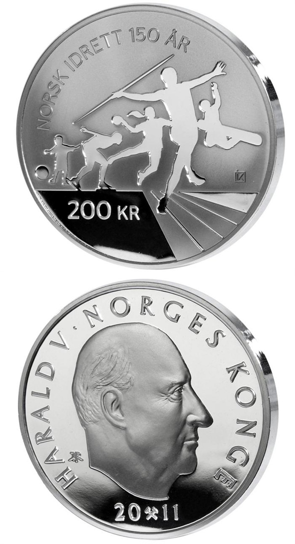 Image of 200 krone coin - 150th anniversary of Norwegian Olympic and Paralympic Committee and Confederation of Sports  | Norway 2011.  The Silver coin is of Proof quality.