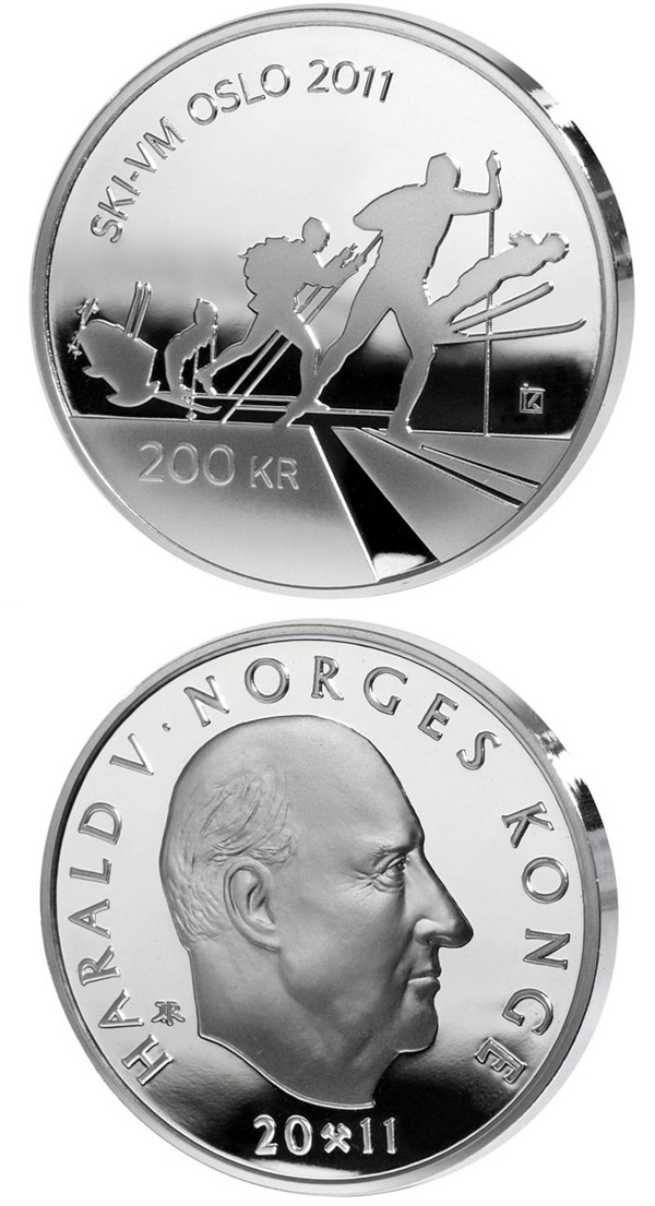 Image of 200 krone coin - Skiing in Norway / FIS World Ski Championships in Oslo 2011  | Norway 2011.  The Silver coin is of Proof quality.