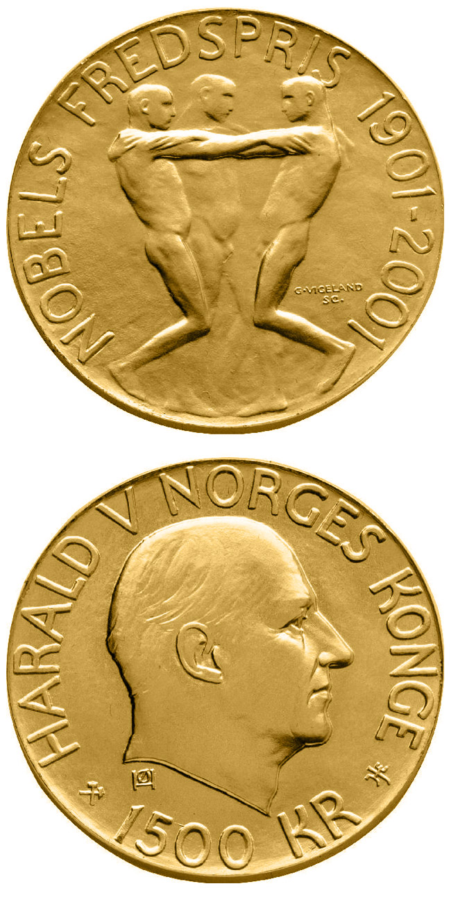 Image of 1500 krone coin - 100th Anniversary of the Nobel Peace Prize | Norway 2001.  The Gold coin is of Proof quality.