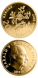 Image of 20 krone coin - 100th anniversary of the first Sami congress | Norway 2017.  The Nordic gold (CuZnAl) coin is of BU, UNC quality.