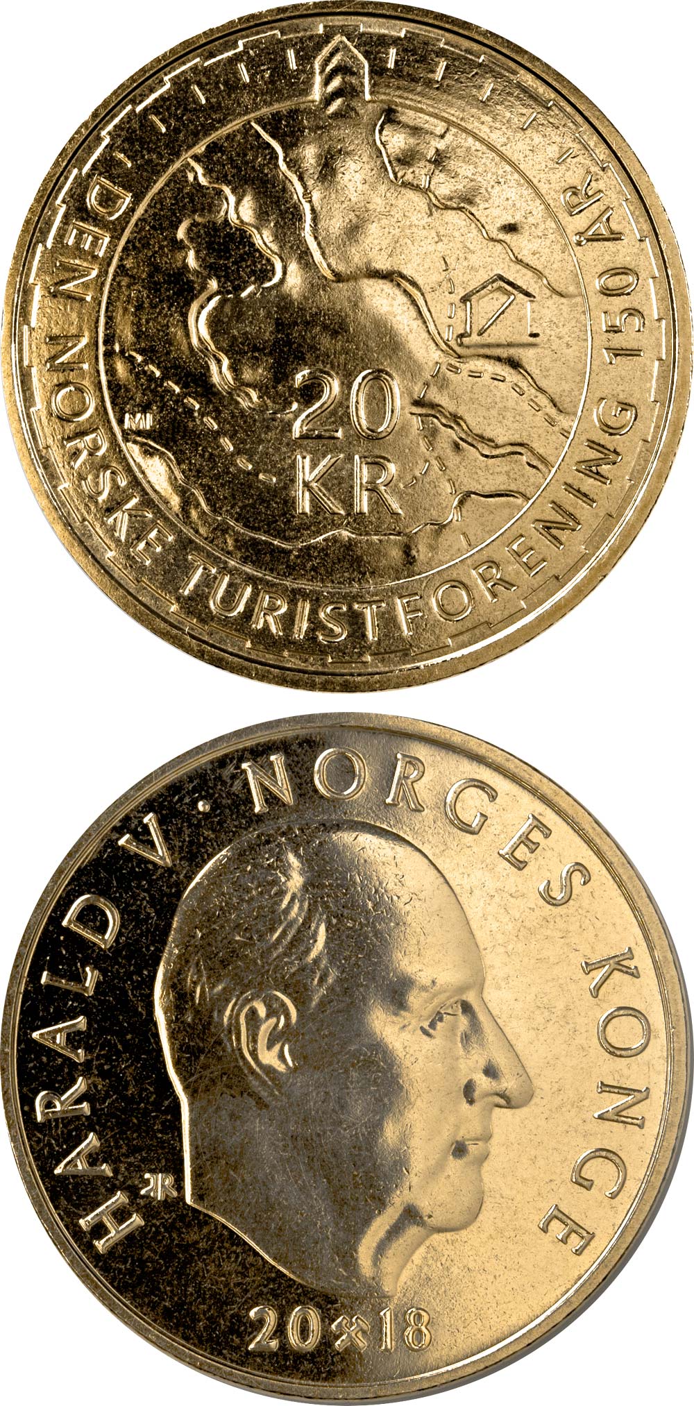 Image of 20 krone coin - 150th anniversary of the Norwegian Trekking Association | Norway 2018.  The Nordic gold (CuZnAl) coin is of BU, UNC quality.