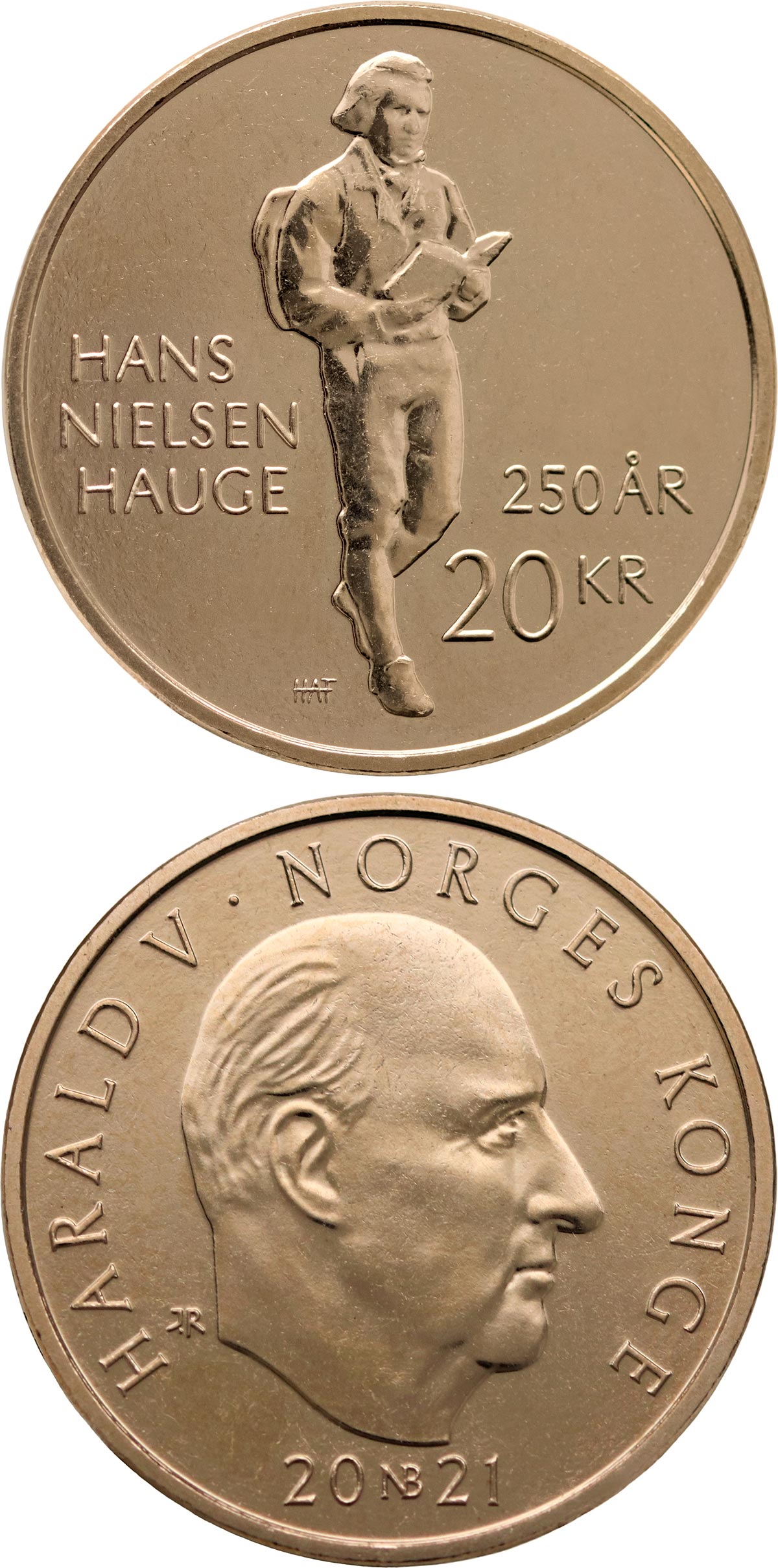 Image of 20 krone coin - Hans Nielsen Hauge | Norway 2021.  The Nordic gold (CuZnAl) coin is of BU, UNC quality.