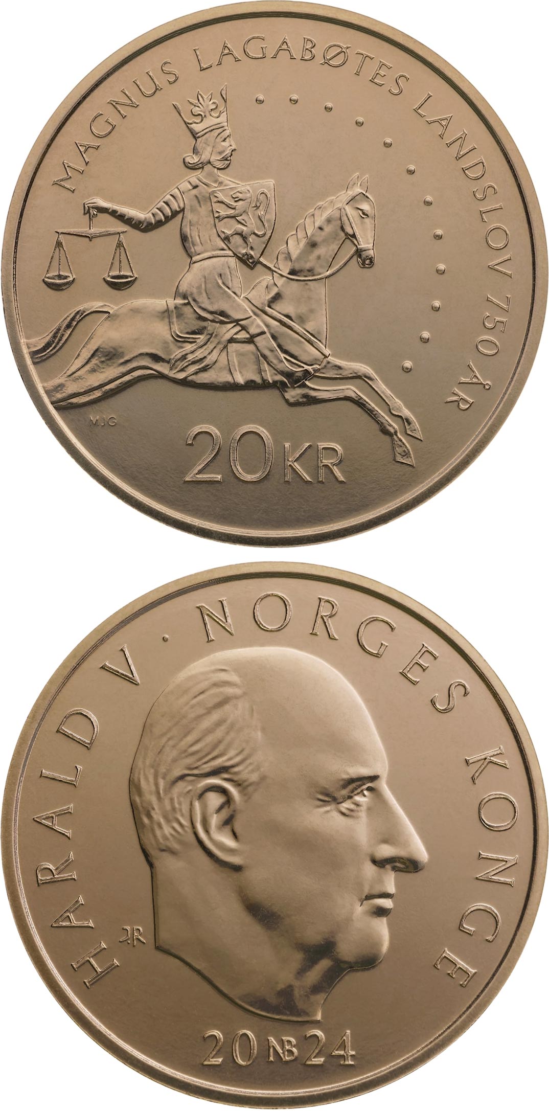 Image of 20 krone coin - 750th anniversary of the national law code of Magnus the Law-mender | Norway 2024.  The Nordic gold (CuZnAl) coin is of BU, UNC quality.