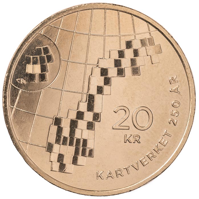 Image of 20 krone coin - Norwegian Mapping Authority 250 Years | Norway 2023.  The Nordic gold (CuZnAl) coin is of BU, UNC quality.
