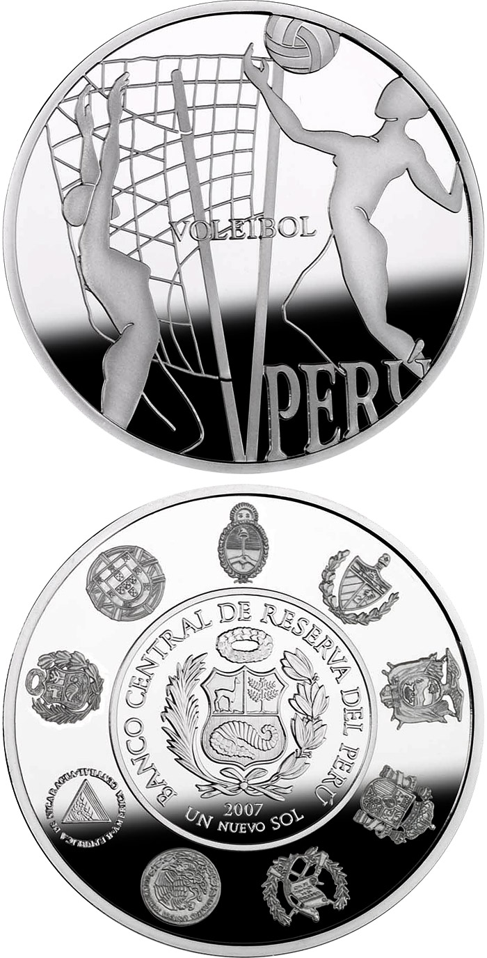 Image of 1 Nuevo Sol coin - The Olympic Games – Volleyball | Peru 2007.  The Silver coin is of Proof quality.