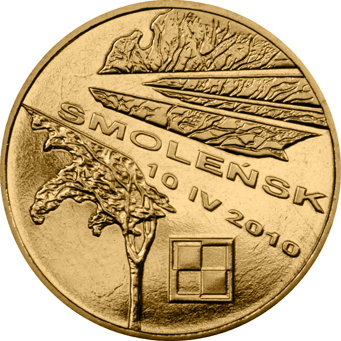 Image of 2 zloty coin - In Memory of the Victims of the 10 April 2010 Presidential Plane Crash in Smolensk  | Poland 2011.  The Nordic gold (CuZnAl) coin is of UNC quality.