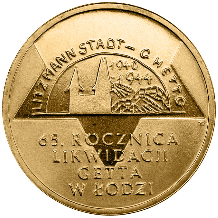 Image of 2 zloty coin - 65th Anniversary of the Liquidation of the Lodz Ghetto  | Poland 2009.  The Nordic gold (CuZnAl) coin is of UNC quality.