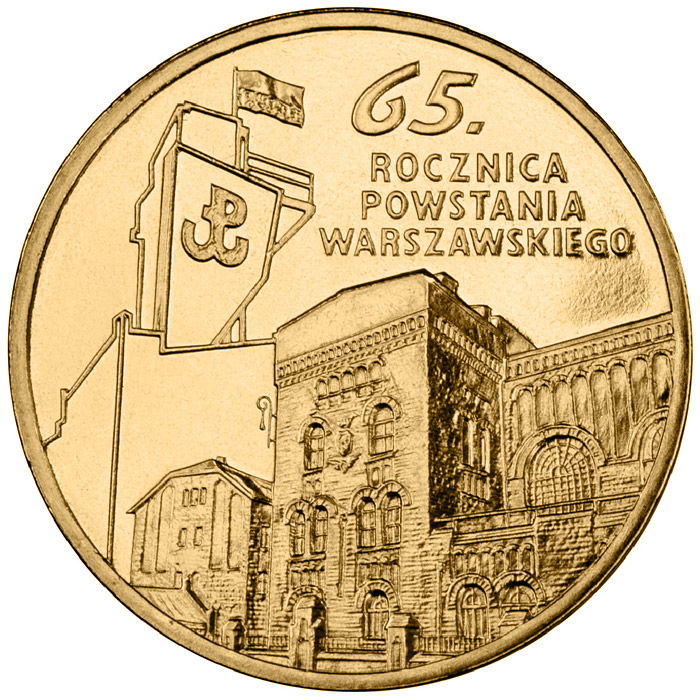 Image of 2 zloty coin - 65th Anniversary of the Warsaw Uprising - Warsaw-born poets  | Poland 2009.  The Nordic gold (CuZnAl) coin is of UNC quality.
