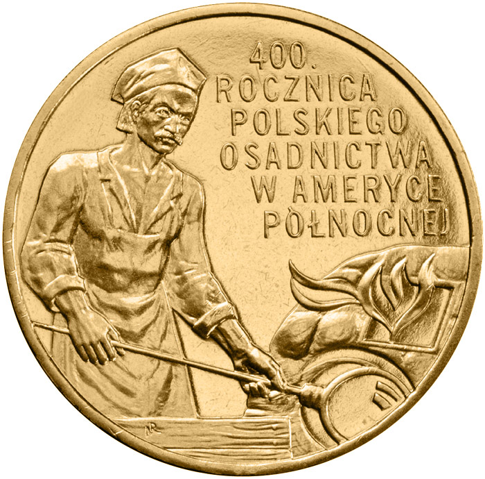 Image of 2 zloty coin - 400th Anniversary of Polish Settlement in North America  | Poland 2008.  The Nordic gold (CuZnAl) coin is of UNC quality.