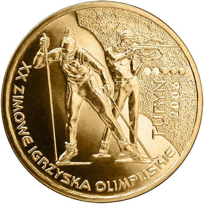 Image of 2 zloty coin - XXth Olympic Winter Games Turin 2006  | Poland 2006.  The Nordic gold (CuZnAl) coin is of UNC quality.