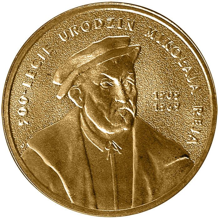 Image of 2 zloty coin - 500th Anniversary of the Birth of Mikołaj Rej | Poland 2005.  The Nordic gold (CuZnAl) coin is of UNC quality.