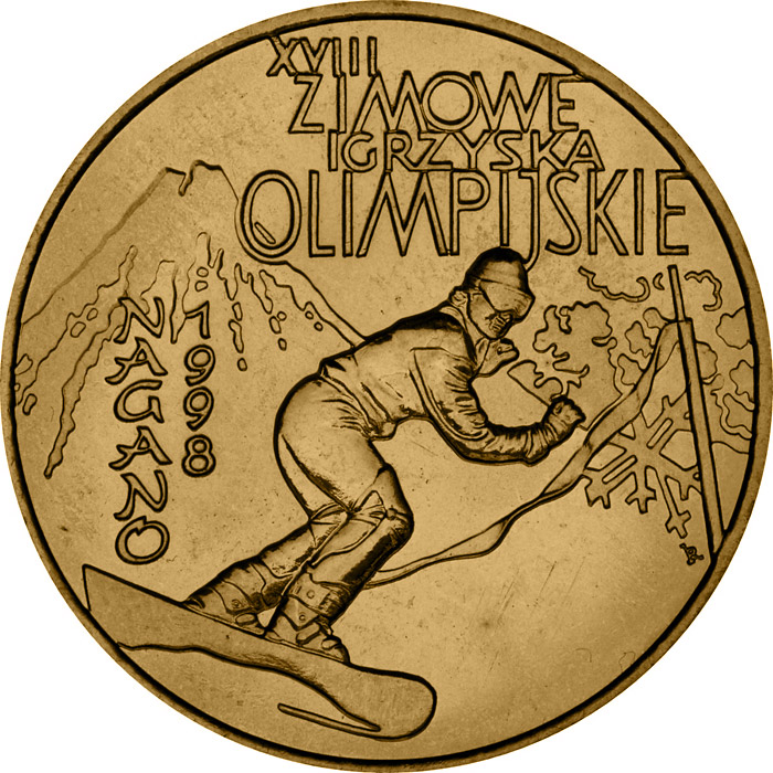 Image of 2 zloty coin - XVIII Winter Olympic Games  | Poland 1998.  The Nordic gold (CuZnAl) coin is of UNC quality.