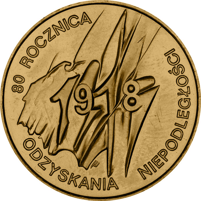 Image of 2 zloty coin - 80th Anniversary of ragained independence  | Poland 1998.  The Nordic gold (CuZnAl) coin is of UNC quality.