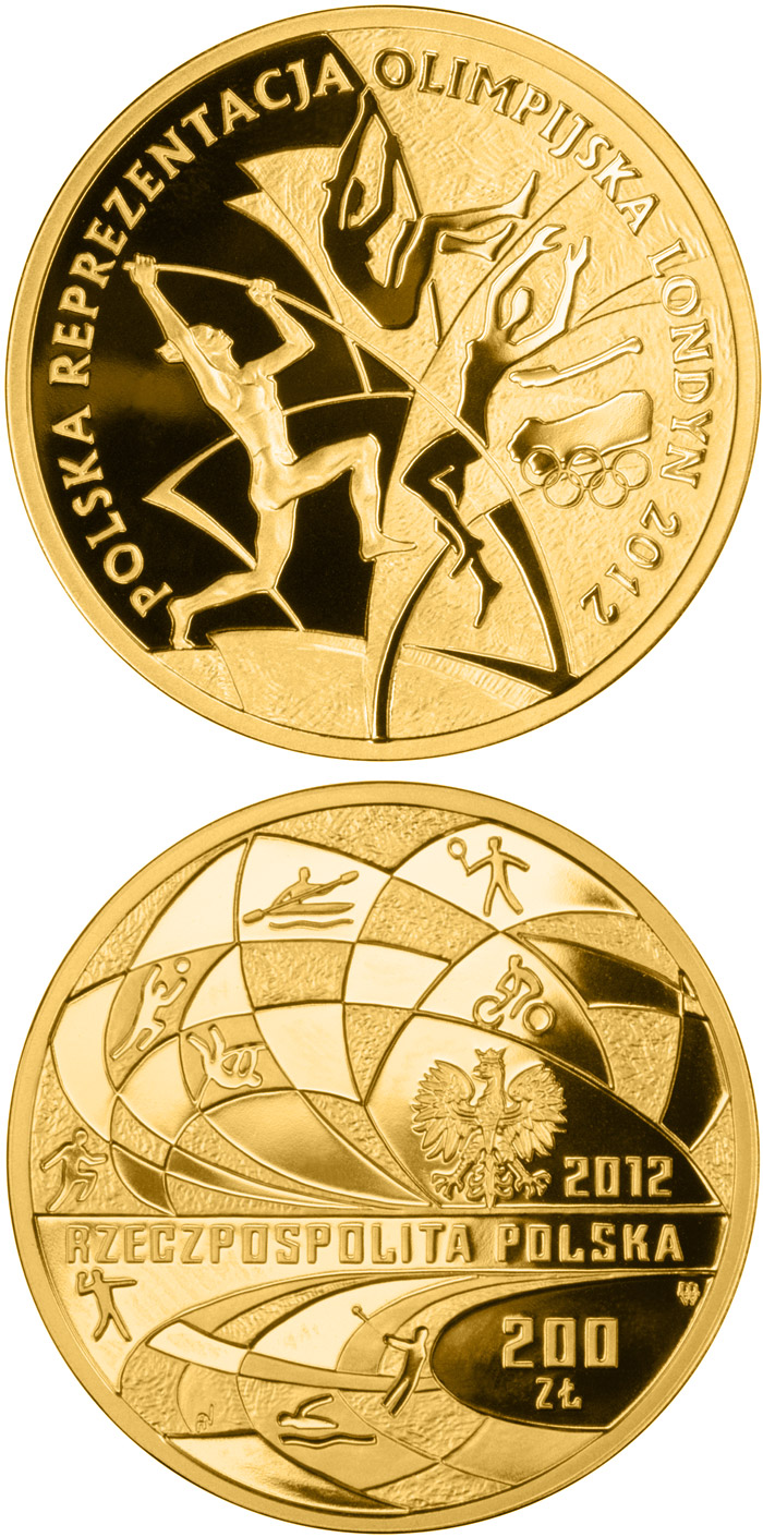 Image of 200 zloty coin - Polish Olympic Team – London 2012 | Poland 2012.  The Gold coin is of Proof quality.