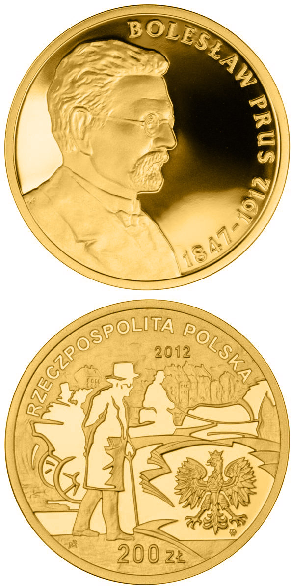 Image of 200 zloty coin - Bolesław Prus | Poland 2012.  The Gold coin is of Proof quality.