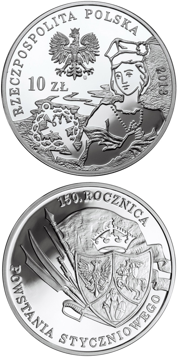 Image of 10 zloty coin - 150th Anniversary of the January 1863 Uprising | Poland 2013.  The Silver coin is of Proof quality.