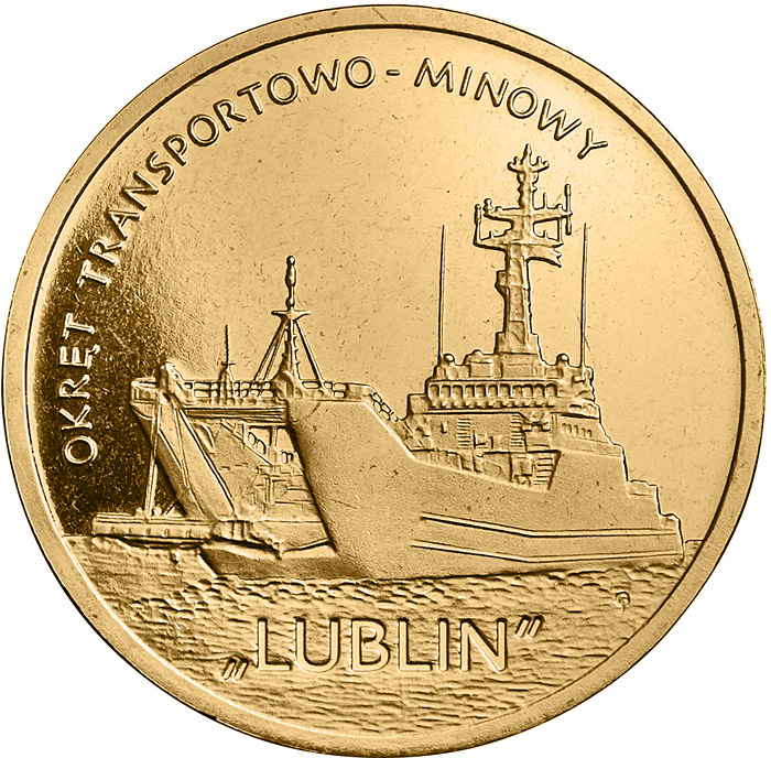 Image of 2 zloty coin - Lublin Class Minelayer-landing Ship | Poland 2013.  The Nordic gold (CuZnAl) coin is of UNC quality.