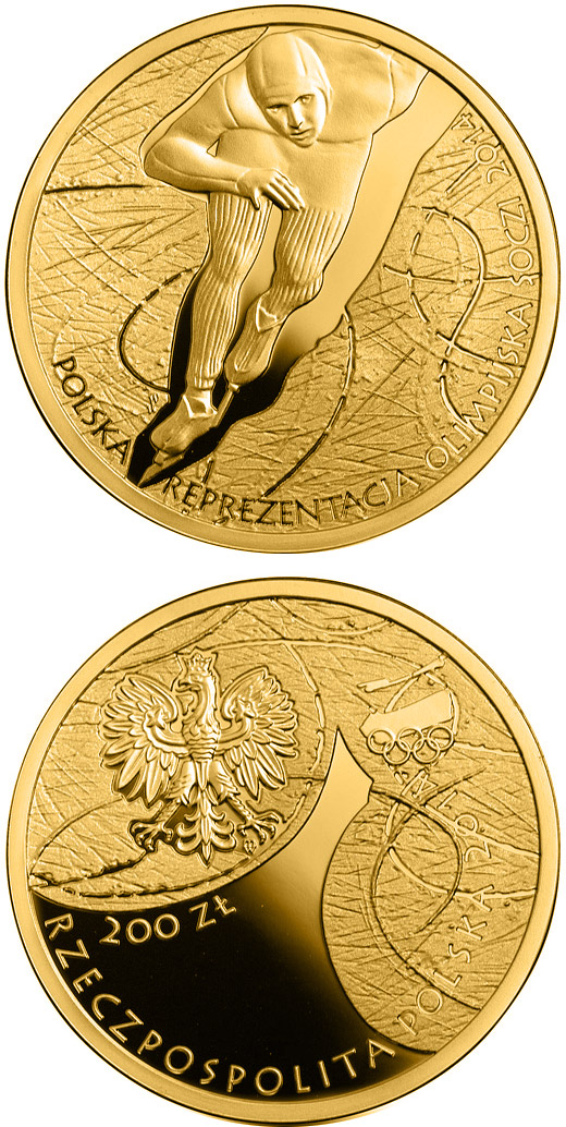 Image of 200 zloty coin - Polish Olympic Team Sochi 2014 | Poland 2014.  The Gold coin is of Proof quality.